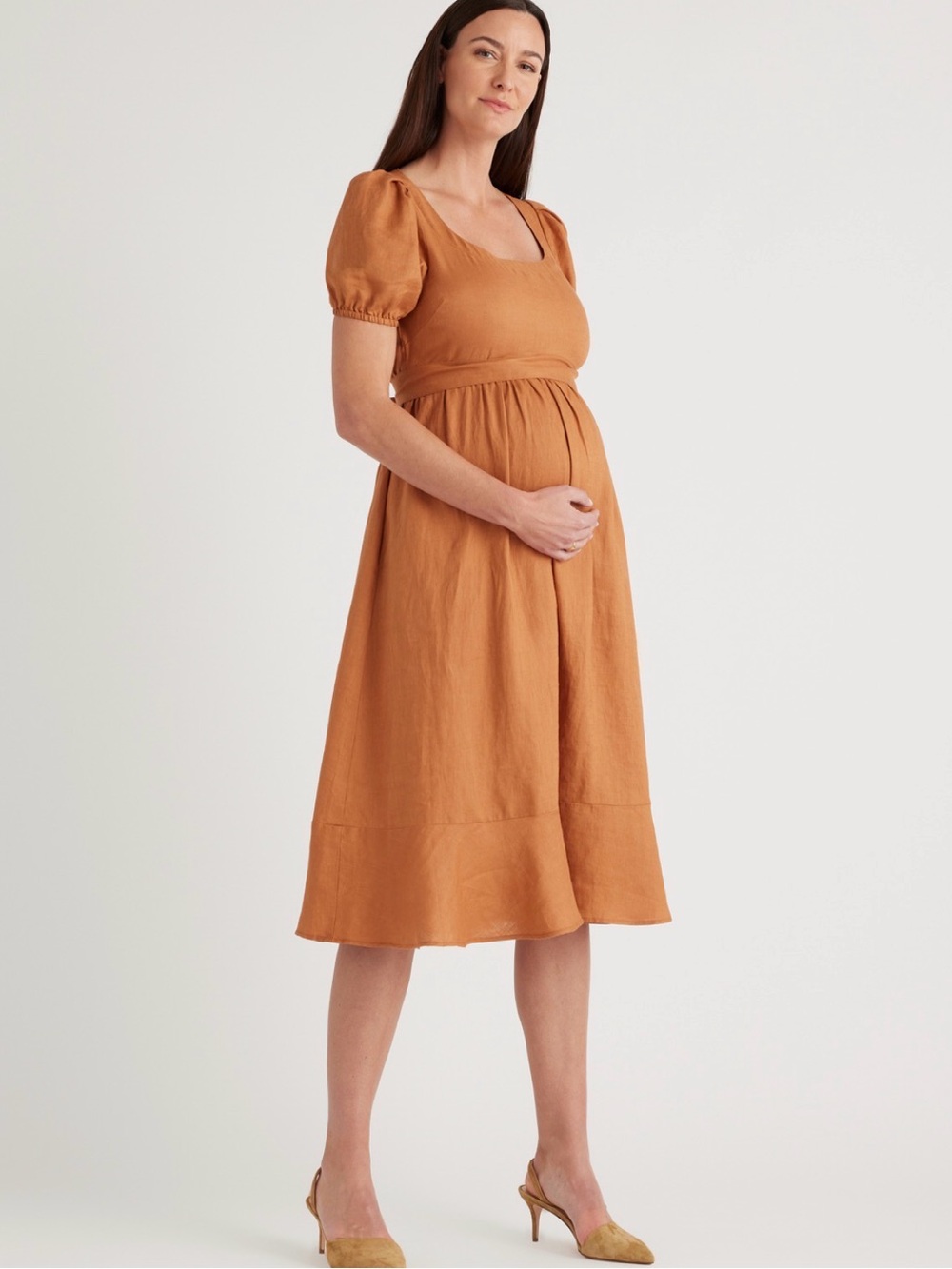 Quince 100% European Linen Maternity Midi Dress Terracotta Puff Sleeve